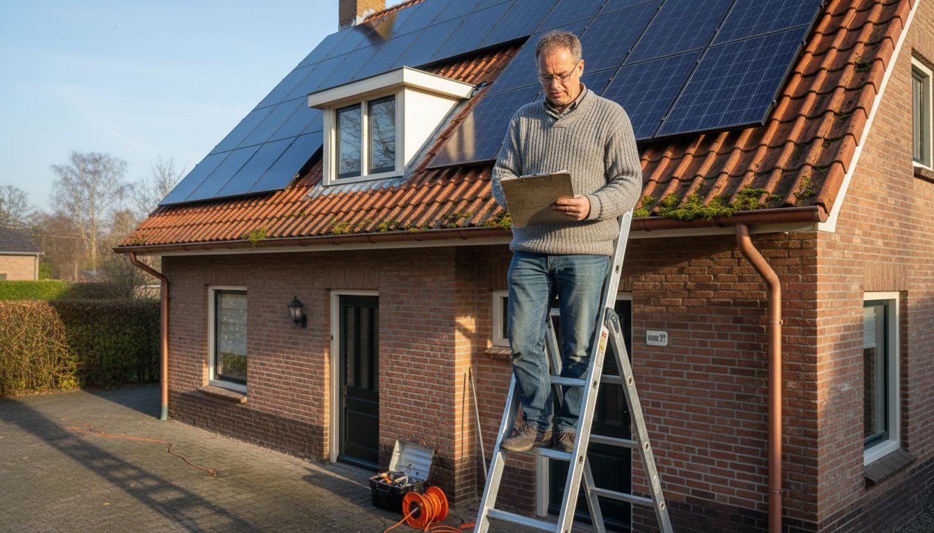 Een huiseigenaar bekijkt de zonnepanelen op het dak om te controleren of alles nog goed werkt.
