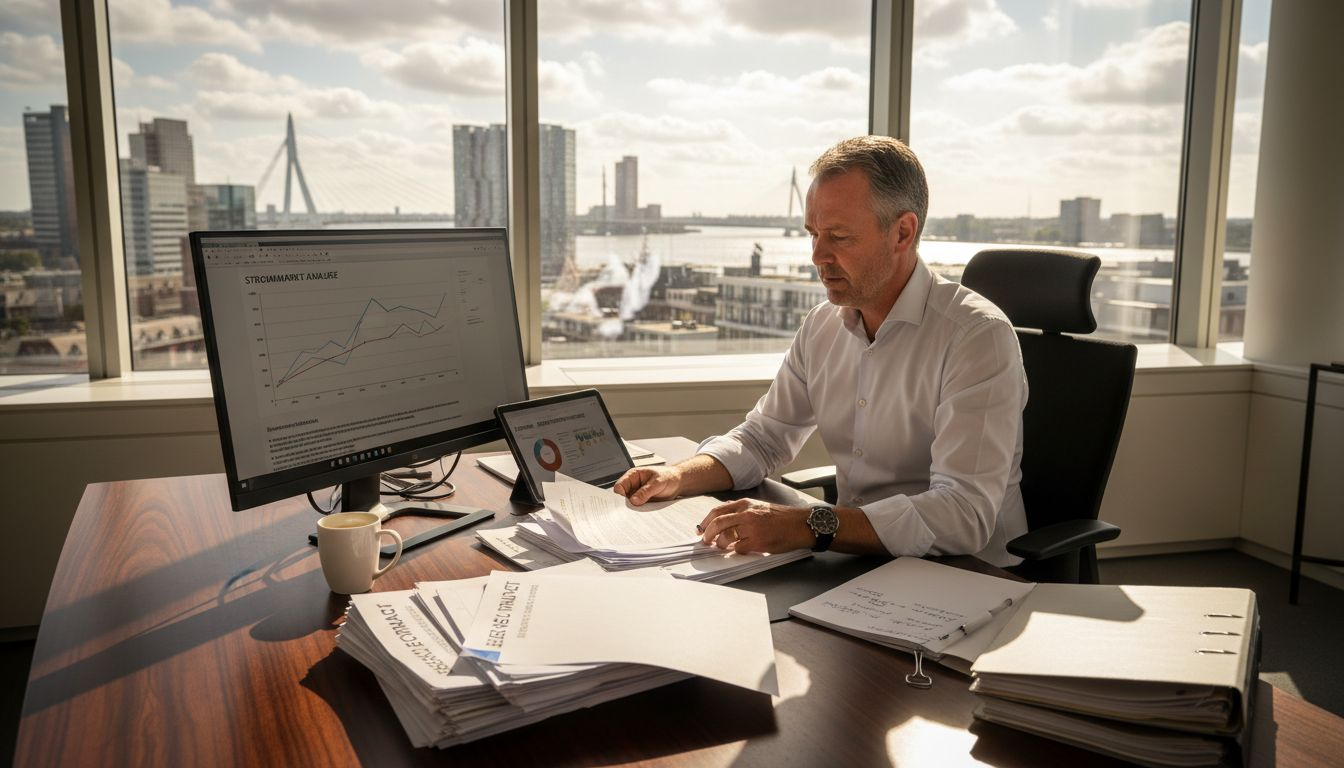 Een man bekijkt energiedocumenten op zijn kantoor.