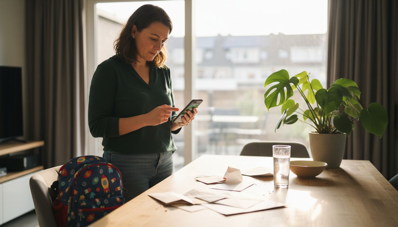 Vrouw regelt haar thuisbatterij vanaf de keukentafel
