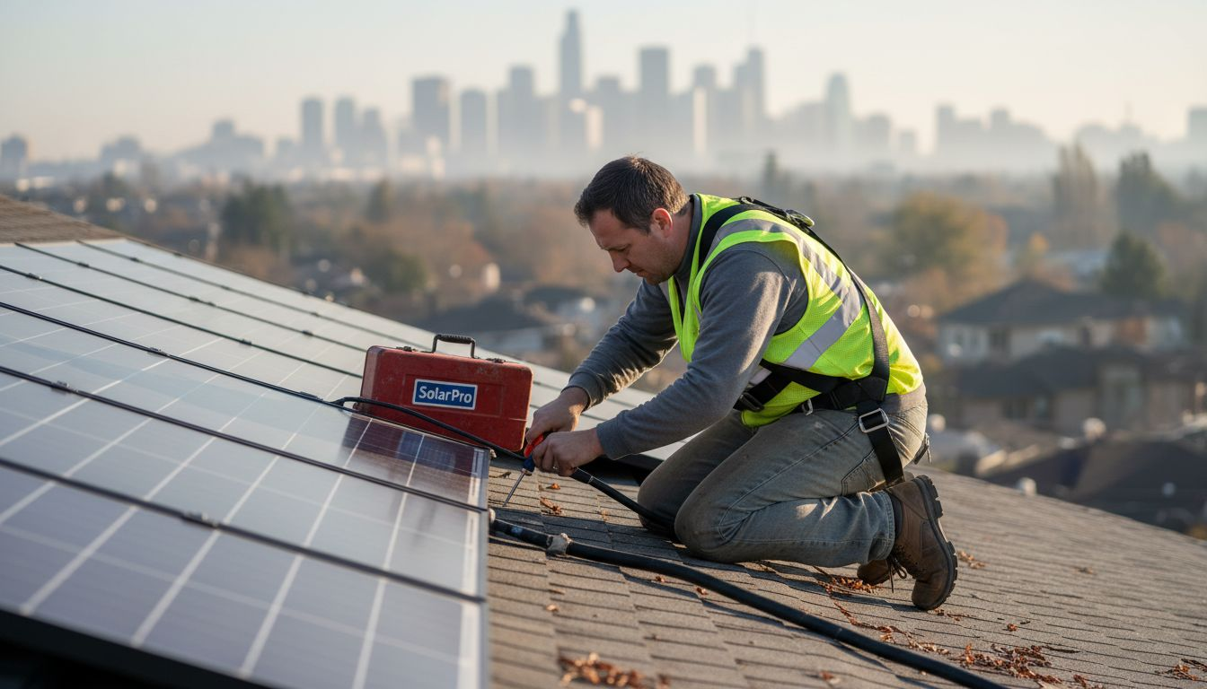 Technician installing solar panels on rooftop