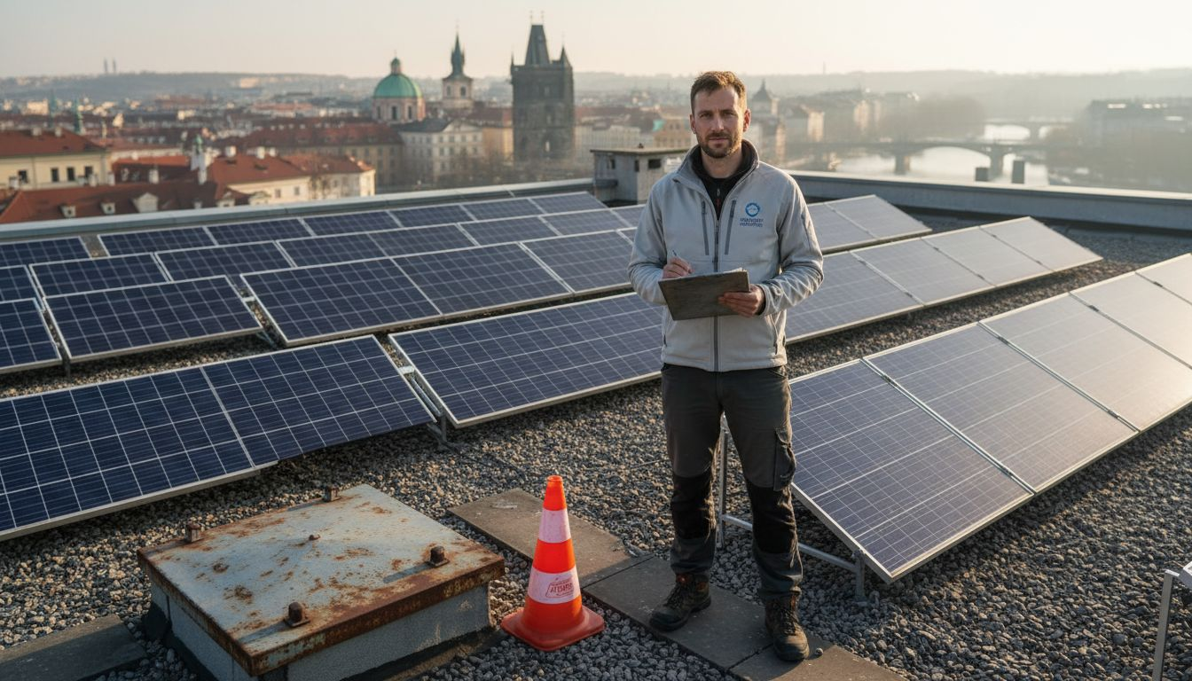 Inspecting rooftop solar panels on commercial building