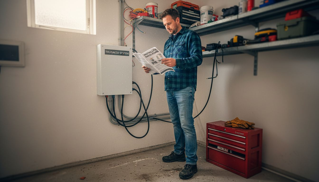 Een man is bezig met het installeren van een thuisbatterij voor energieopslag.