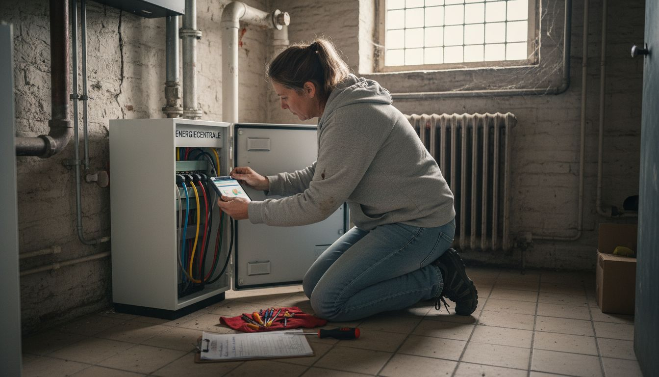 Een monteur sluit het energiebeheersysteem aan op het batterijpakket.