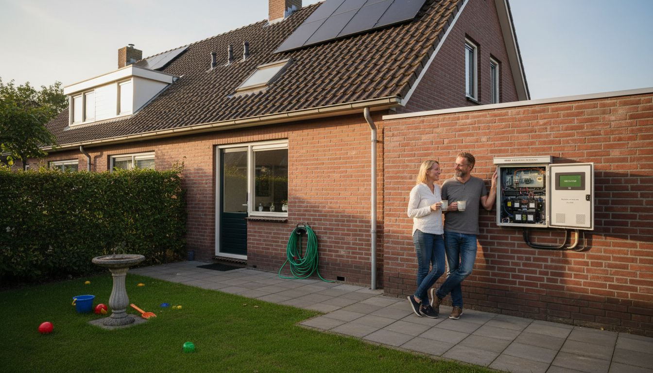 Nederlandse huiseigenaren bij hun thuisbatterij, met zonnepanelen op het dak