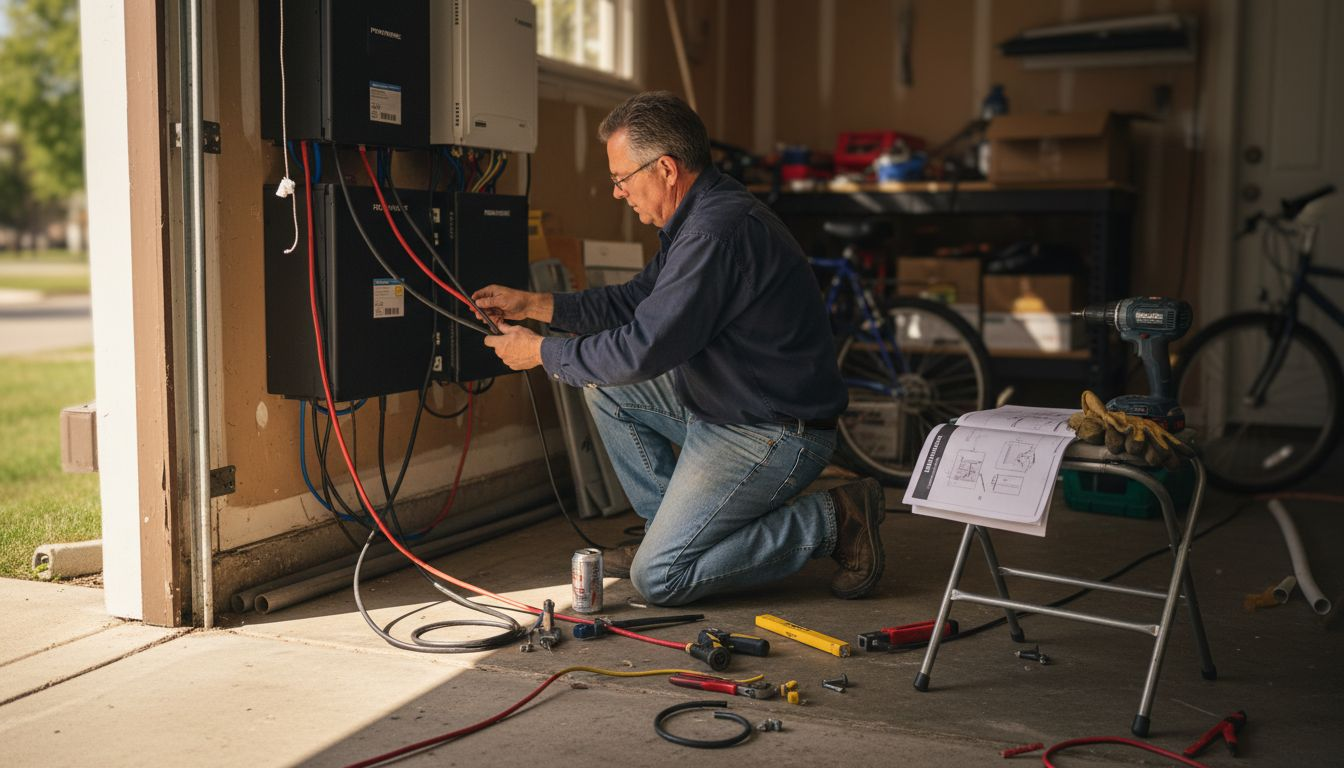 Technician installs solar battery in garage