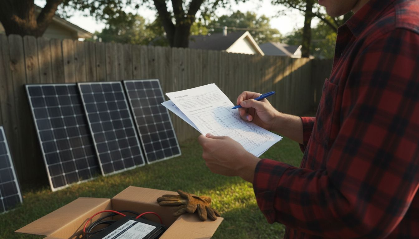 Homeowner reviewing solar battery specs outdoors