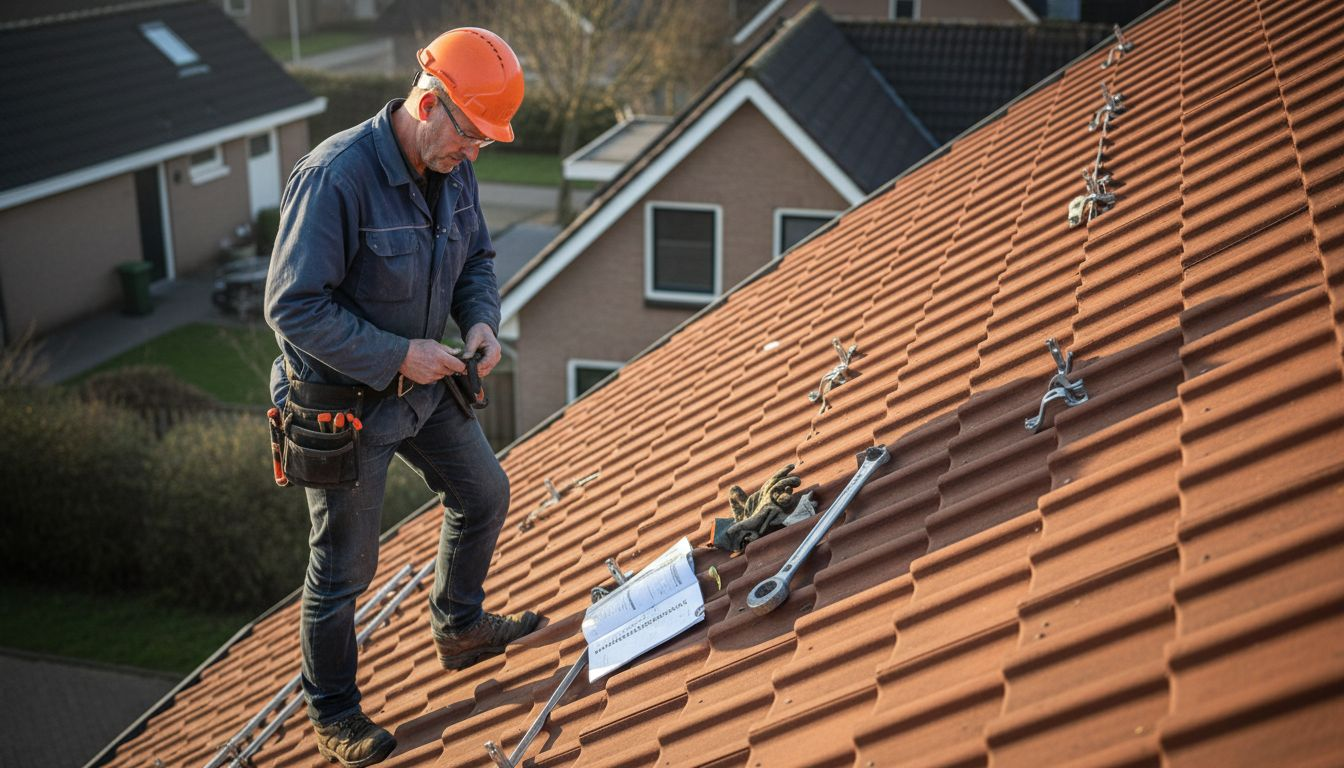 Een installateur plaatst zonnepanelen op het schuine dak van een woning.