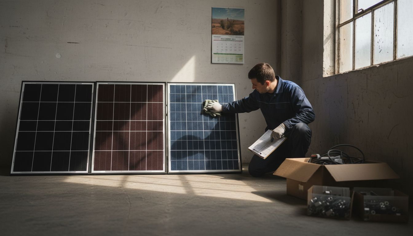 Technician comparing three types of solar panels
