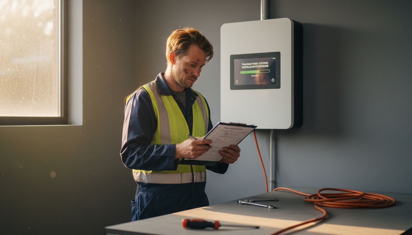 Een monteur controleert het onlangs geïnstalleerde thuisbatterijsysteem.