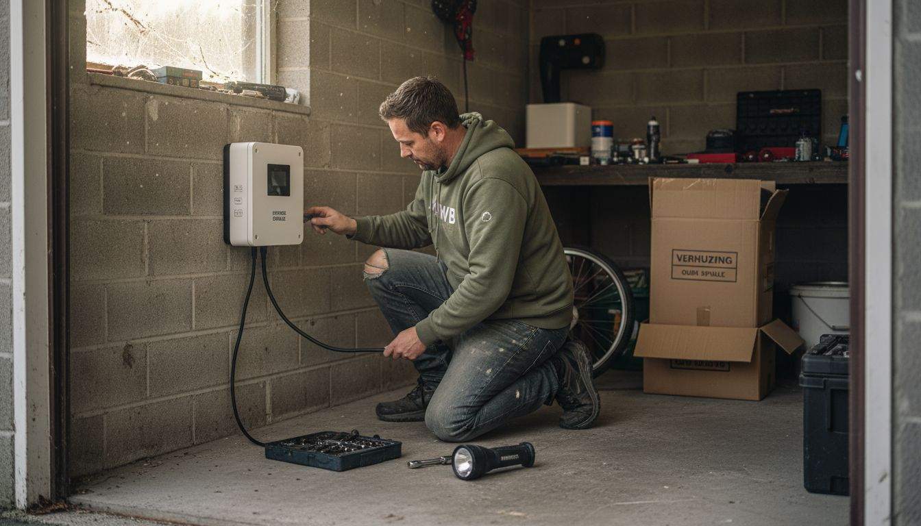 Een man is bezig met het installeren van een thuisbatterij voor zonne-energie in zijn garage.