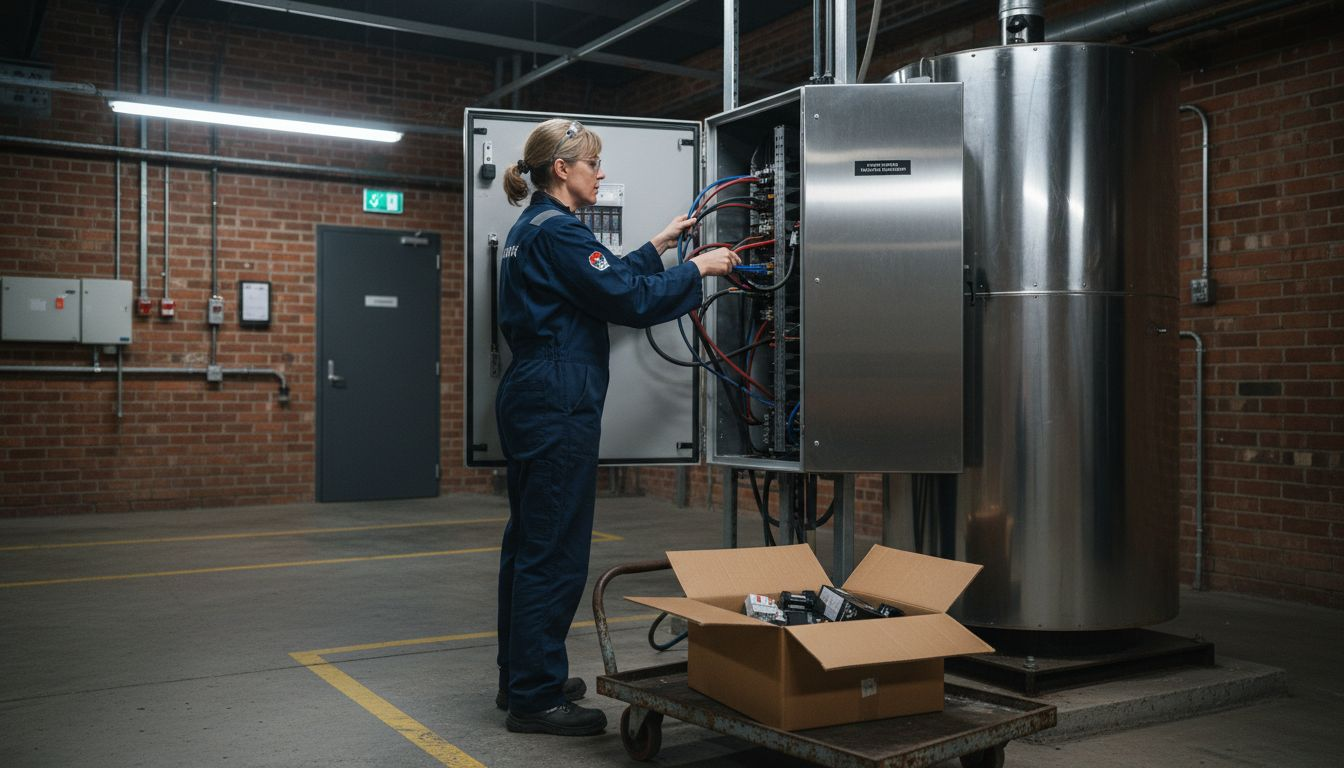 Technician working on battery storage system