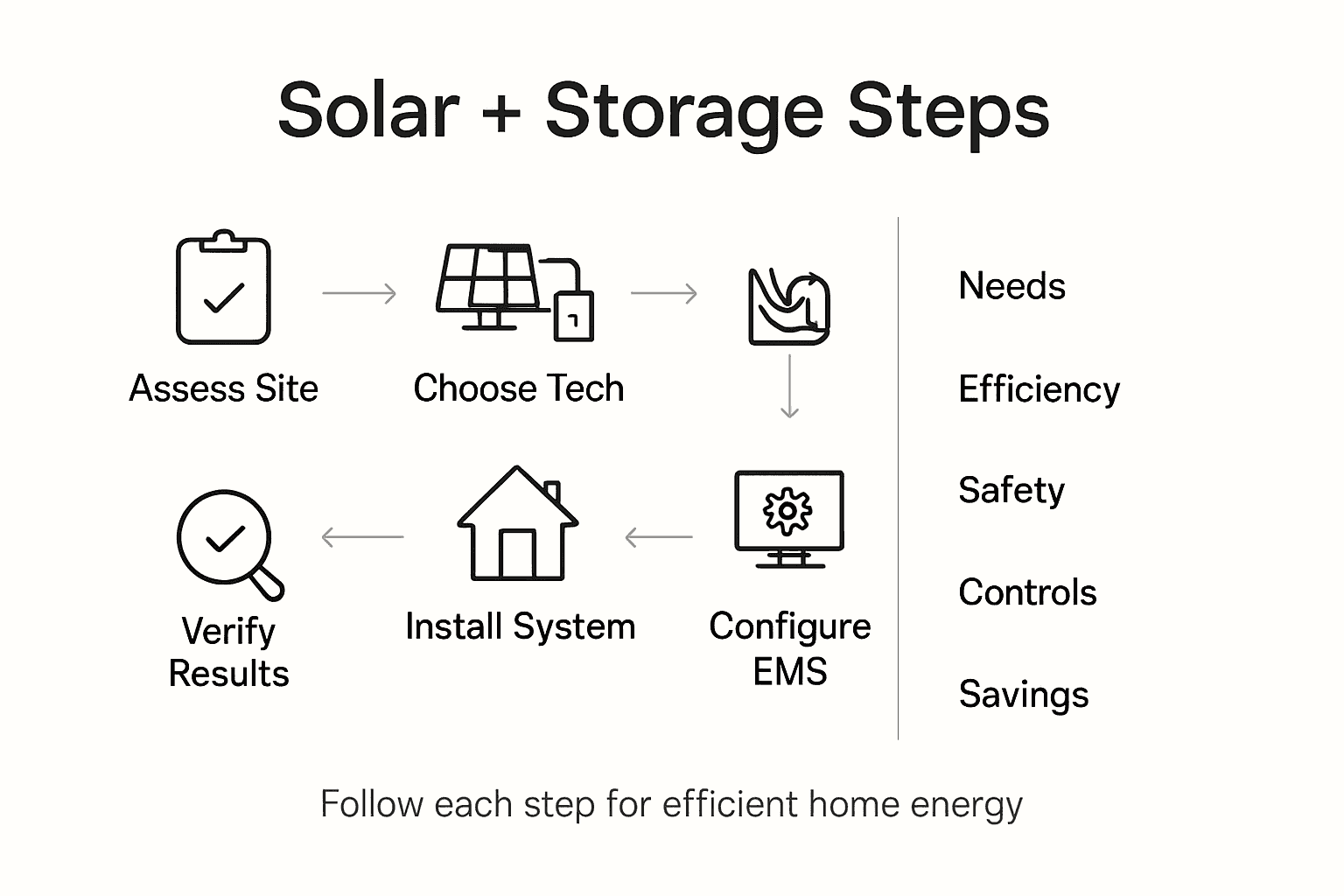 Infographic showing steps to integrate solar and storage