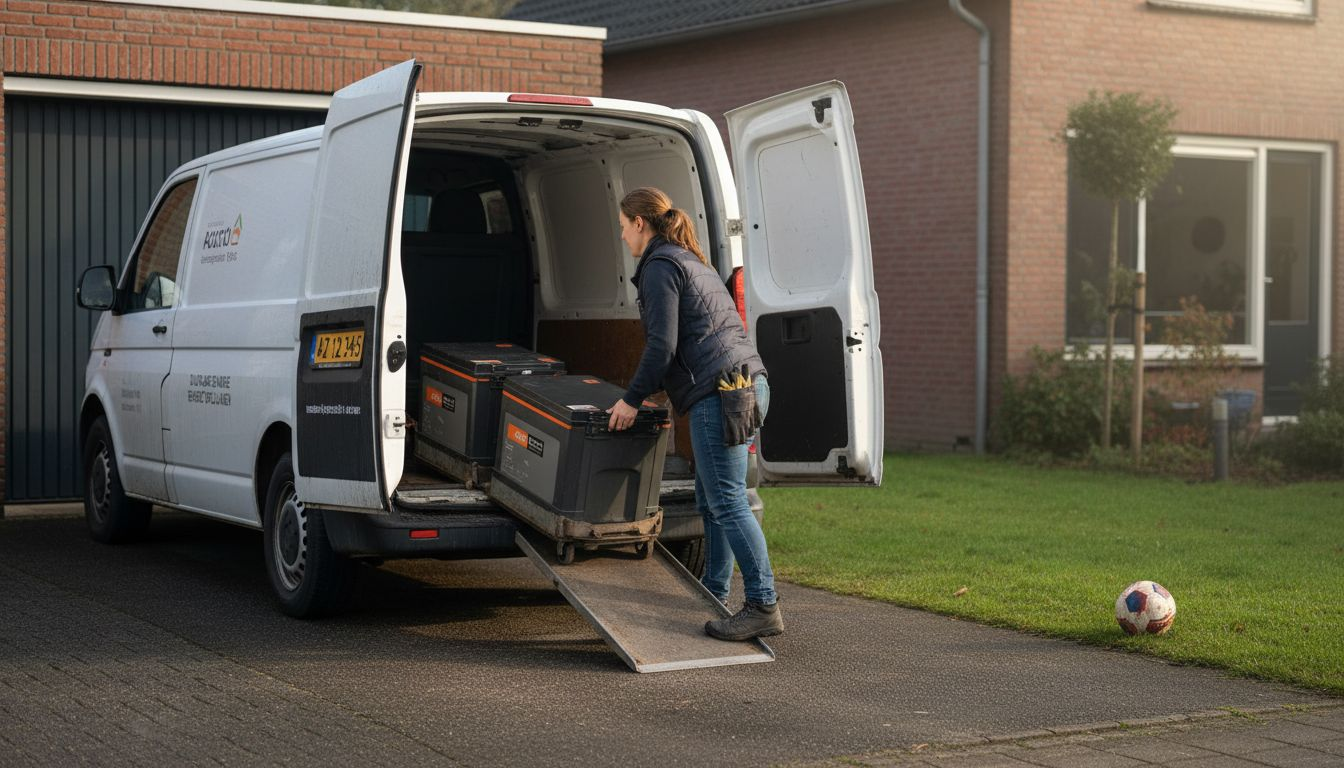 De monteur haalt verschillende soorten accu’s uit zijn bus.