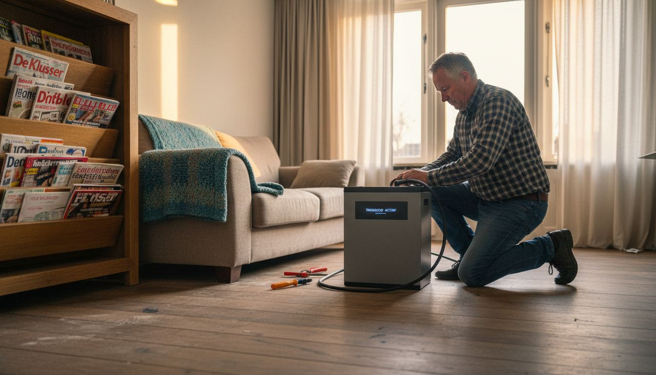 Man installeert thuisbatterij in zijn woonkamer