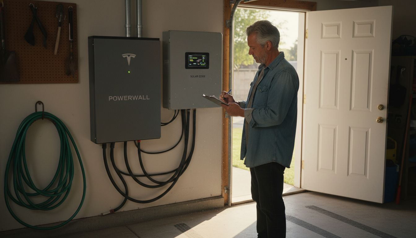 Homeowner reviewing battery storage setup in garage