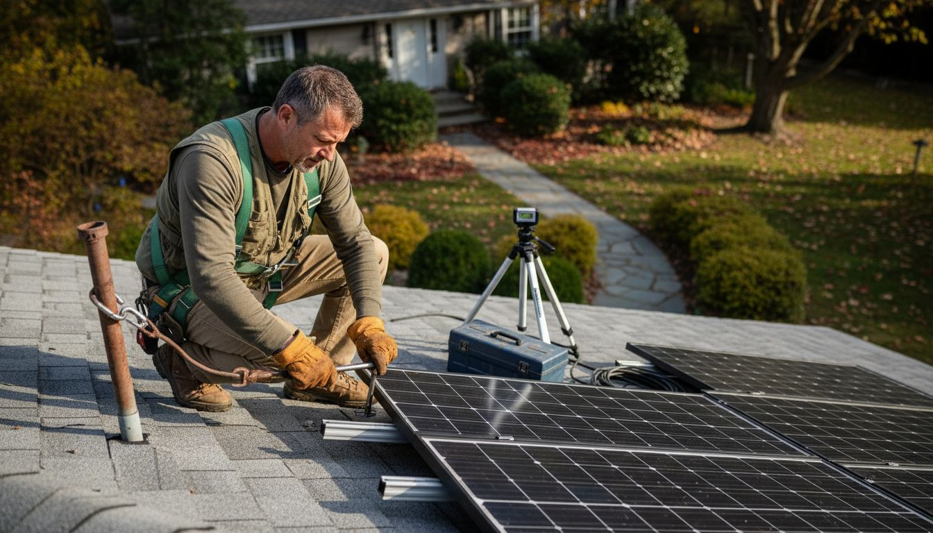 Technician installing roof solar panels at home