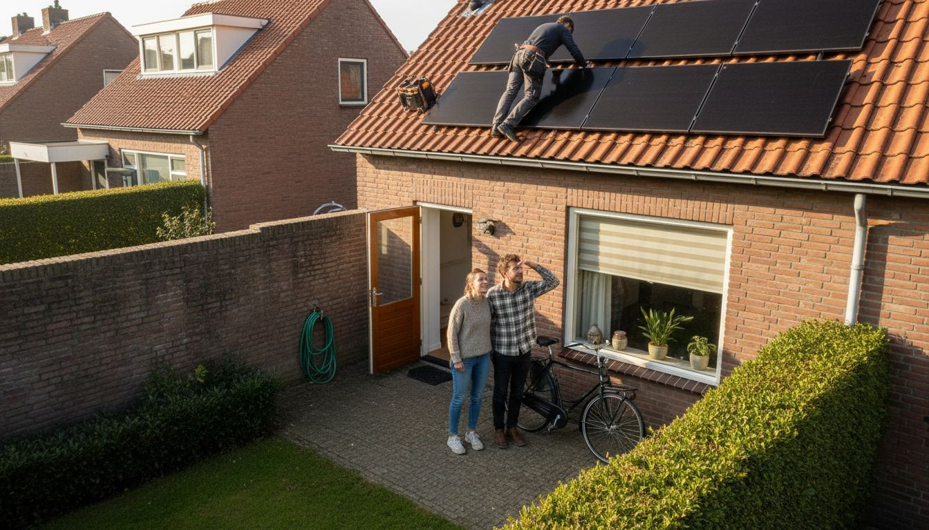 Een monteur is bezig met het afstellen van zonnepanelen op het dak.