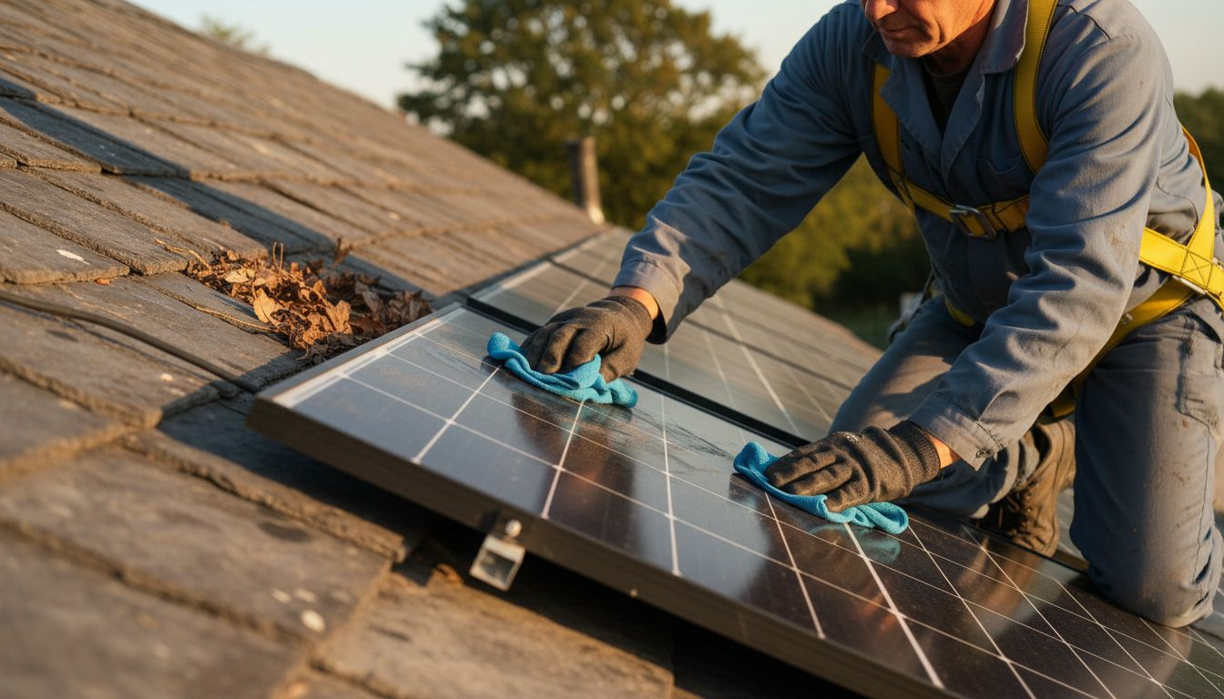 Een monteur maakt de zonnepanelen op het dak schoon.