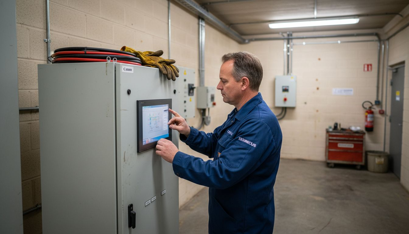 Een technicus inspecteert de batterijopslag in het magazijn.