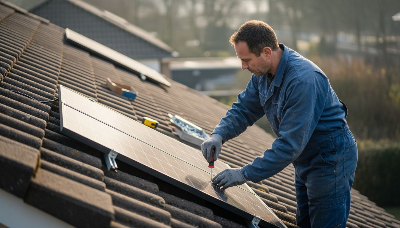 Een installateur brengt een zonnepaneel aan op het dak van een woning.
