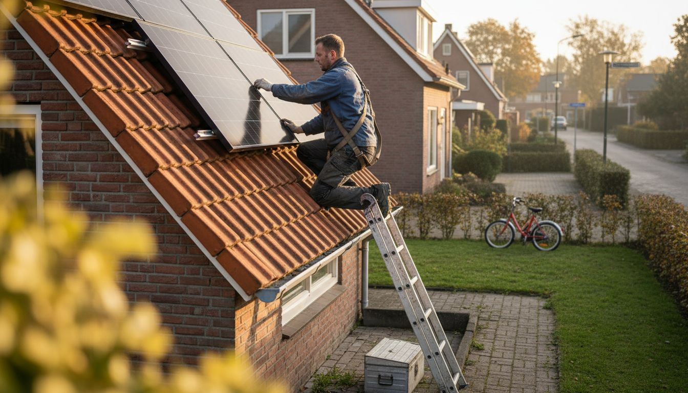 Een monteur is bezig met het plaatsen van zonnepanelen op het dak van een woning.