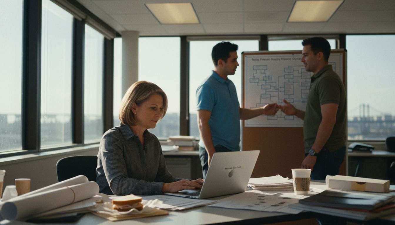 Project manager reviews solar contracts with team