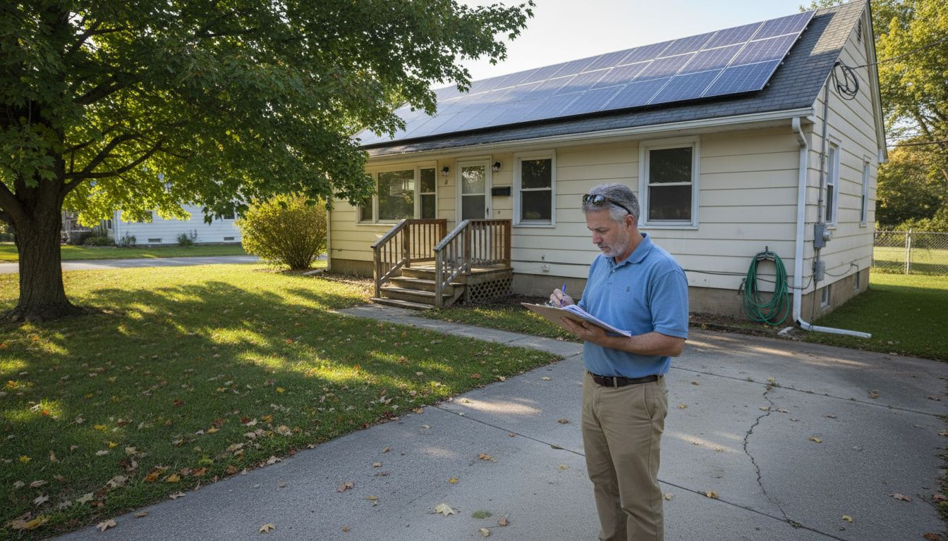 Homeowner examining solar panels on house roof