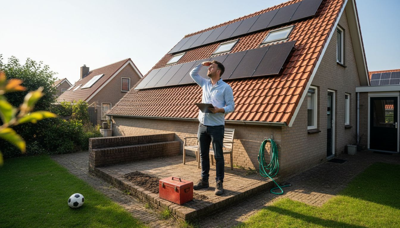 Een man inspecteert de zonnepanelen op het dak van zijn huis.