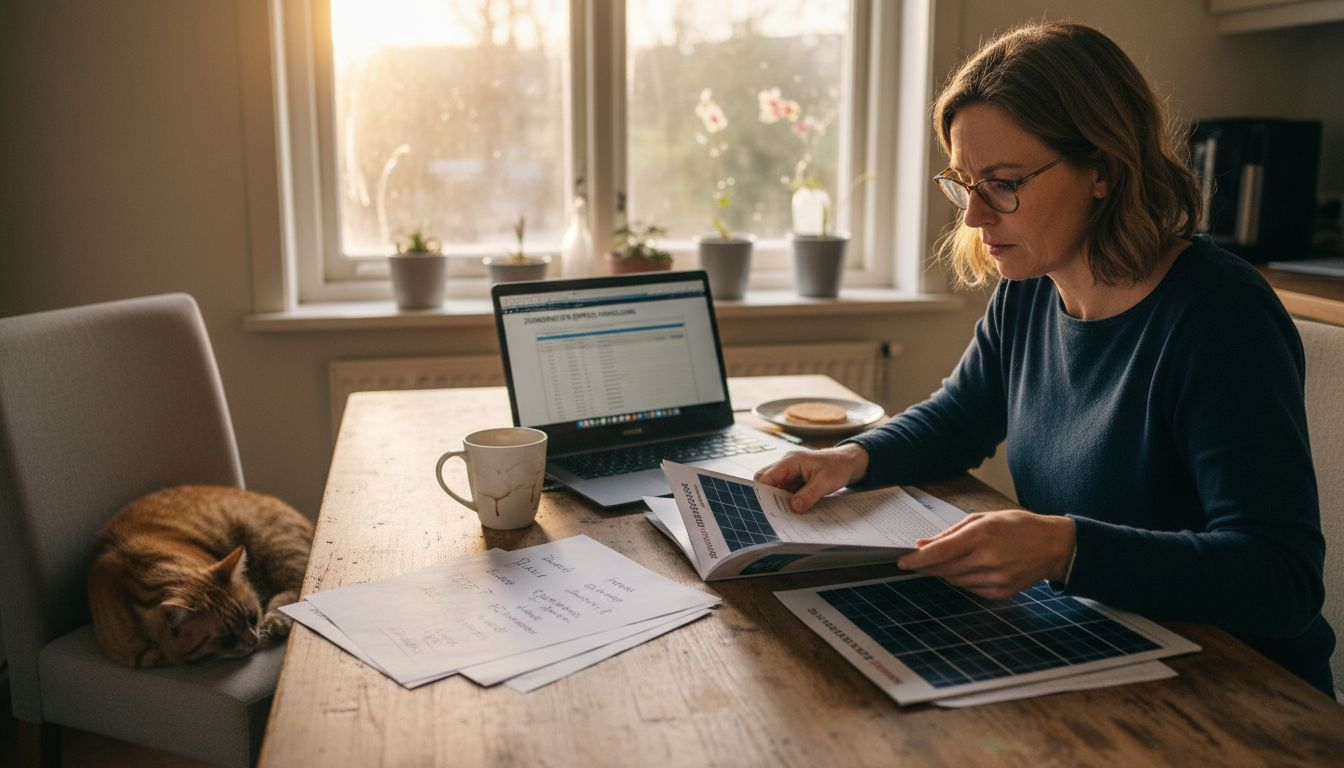 Een vrouw zit aan de keukentafel en bekijkt verschillende folders van zonnepanelen om ze met elkaar te vergelijken.