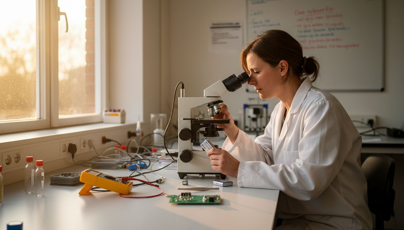 Een wetenschapper onderzoekt een lithium-ion batterij in het laboratorium.