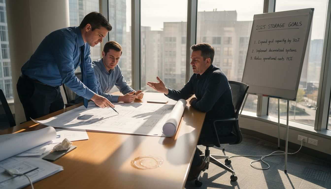 Engineers reviewing battery storage blueprint