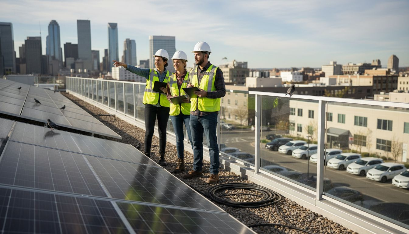 Engineers inspecting rooftop solar PV fleet system