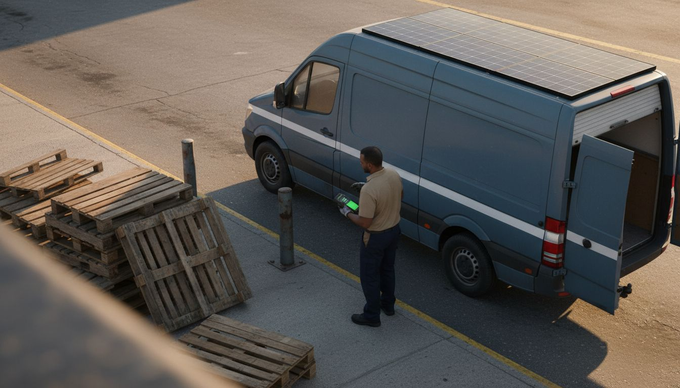 Solar-powered delivery van at business loading dock