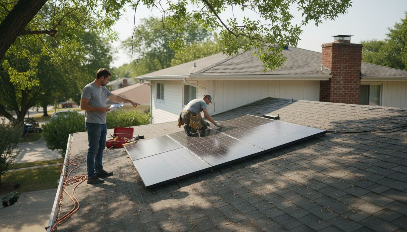 Homeowner overseeing rooftop solar panel installation