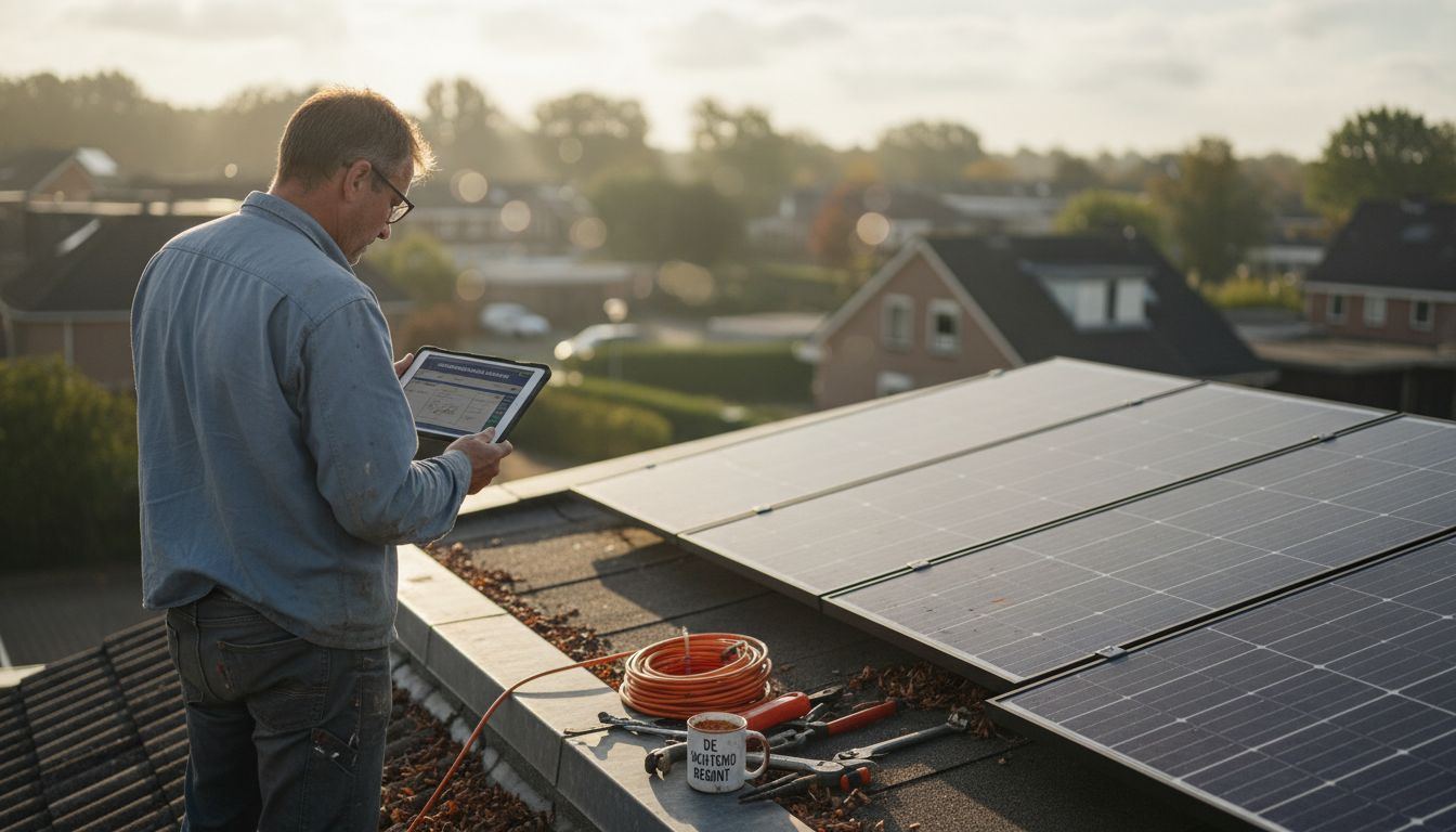Een monteur controleert de zonnepanelen op het dak.