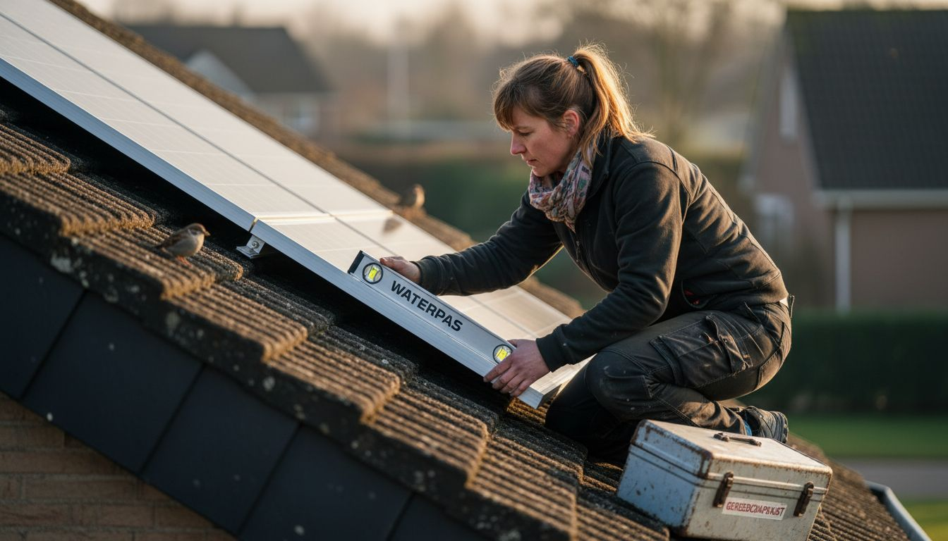 Een huiseigenaar past de stand van de zonnepanelen op het dak aan om optimaal gebruik te maken van de zon.