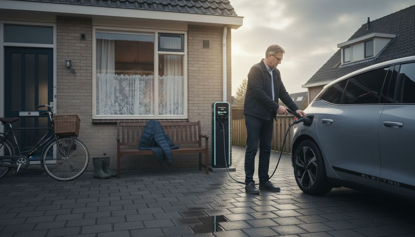 Man laadt zijn elektrische auto thuis op aan de laadpaal.