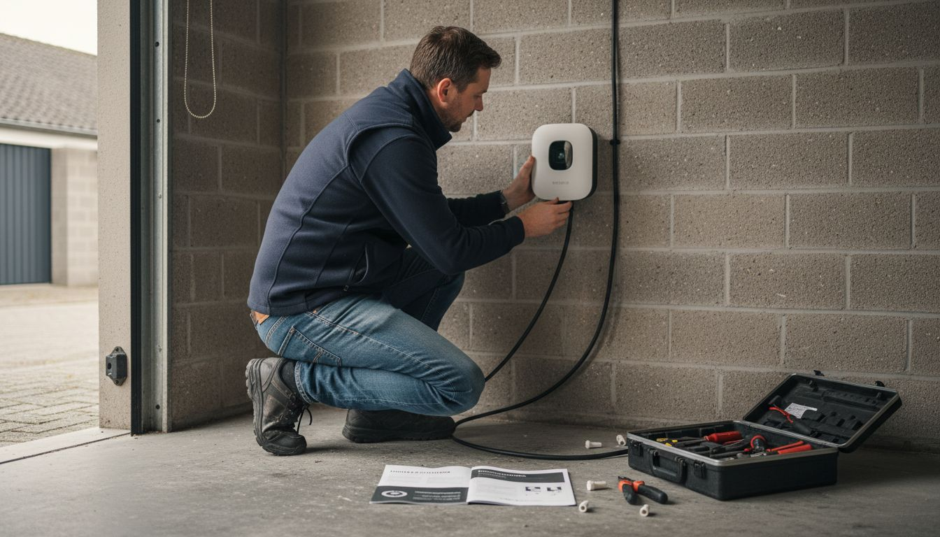 Een elektricien plaatst een laadpaal voor de auto in de garage.
