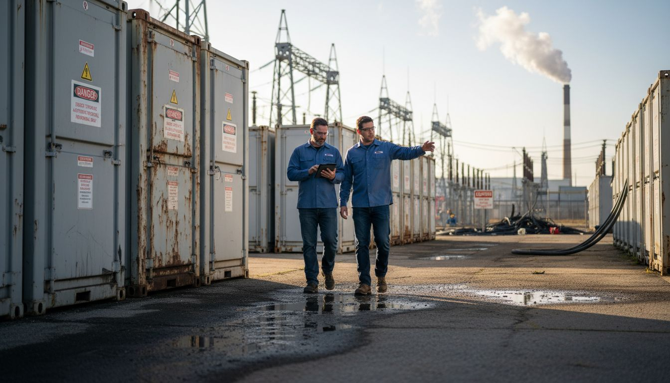 Managers walking near battery storage containers