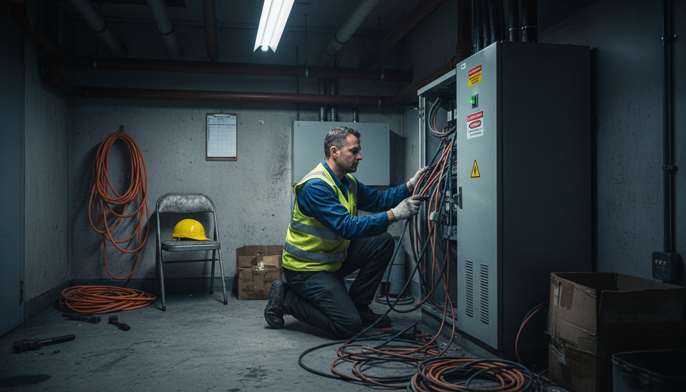 Technician inspecting industrial battery cabinet wiring