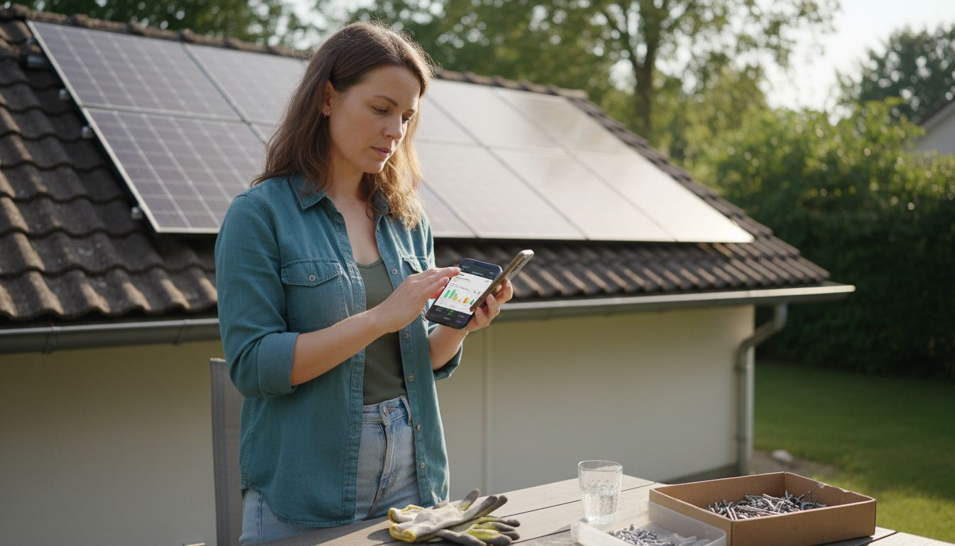 Vrouw checkt haar zonnepanelengegevens in de EMS-app