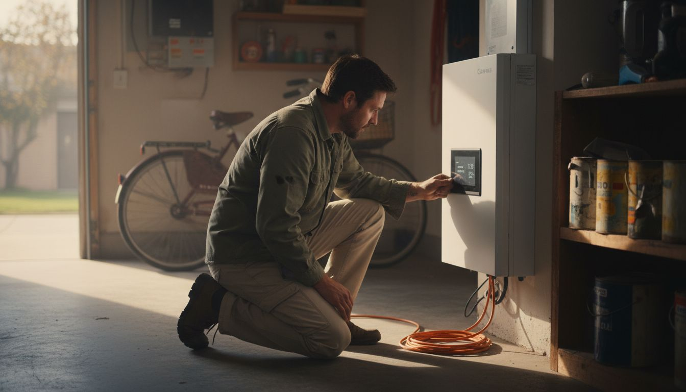 Technician checking home battery in garage