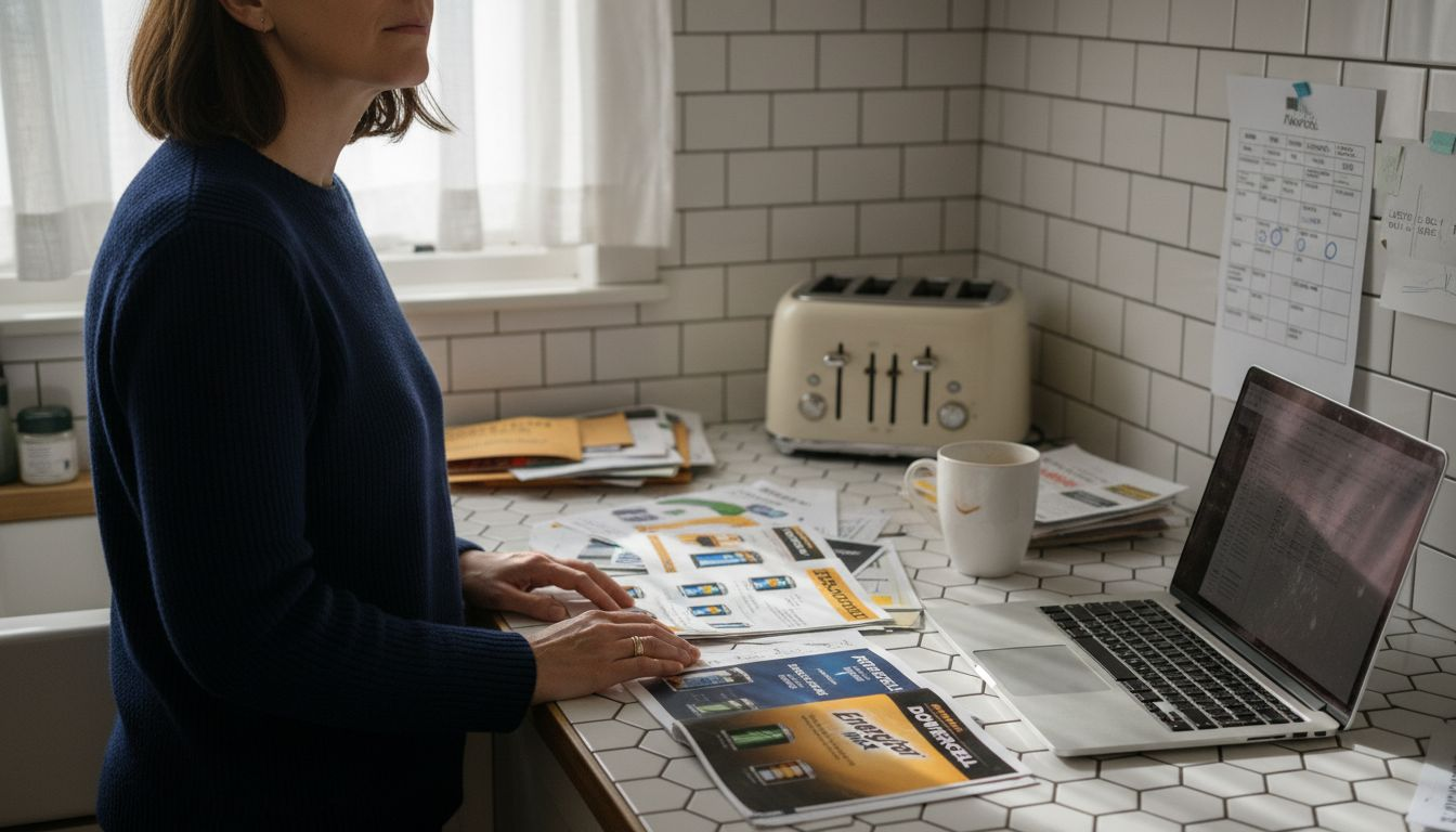 Woman comparing home battery brochure options