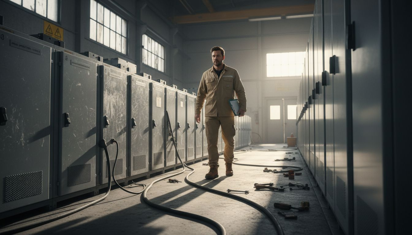 Een medewerker controleert industriële batterijen op de werkvloer.