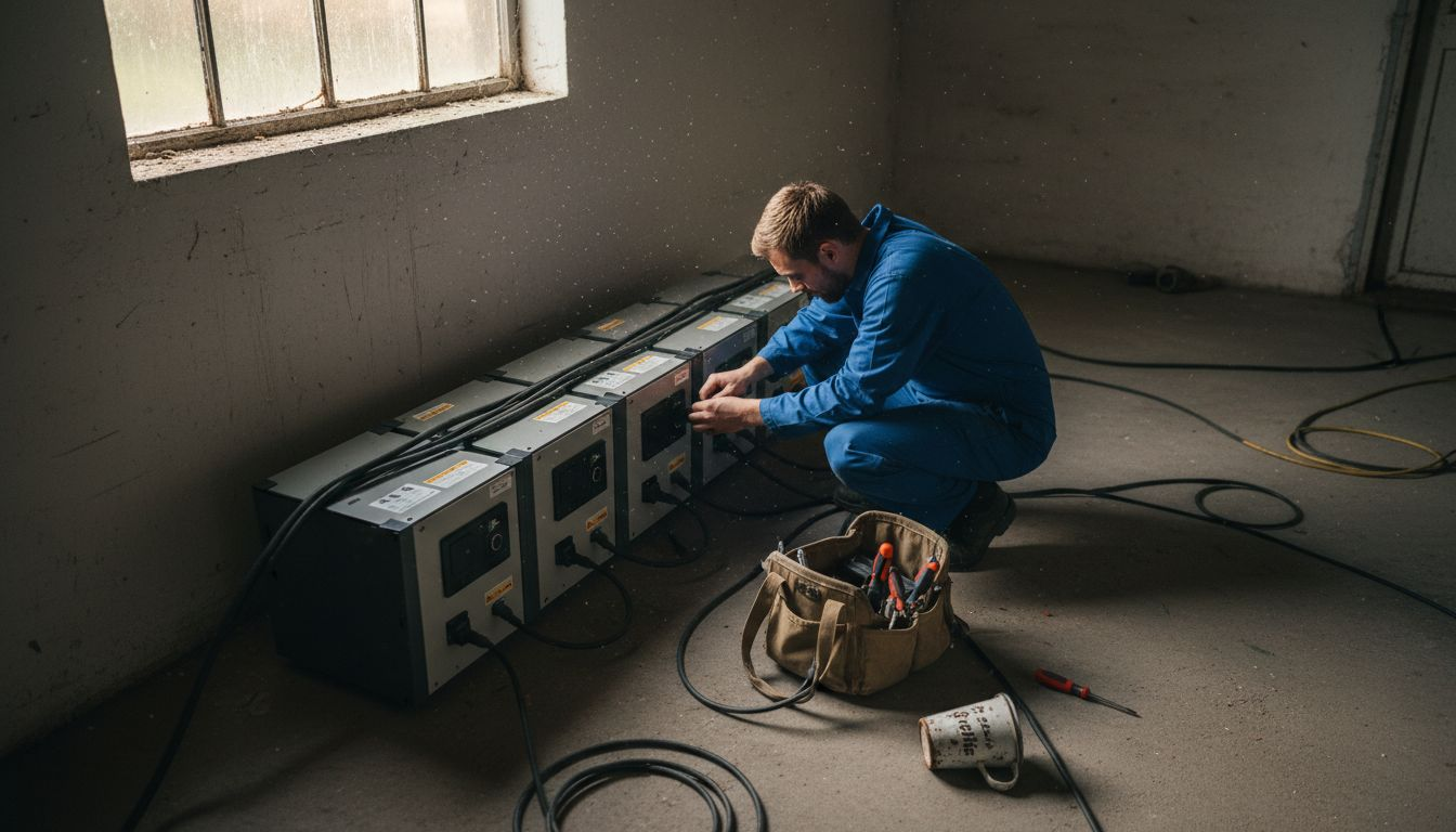 Een installateur is bezig met de aanleg van een modulair energiesysteem.
