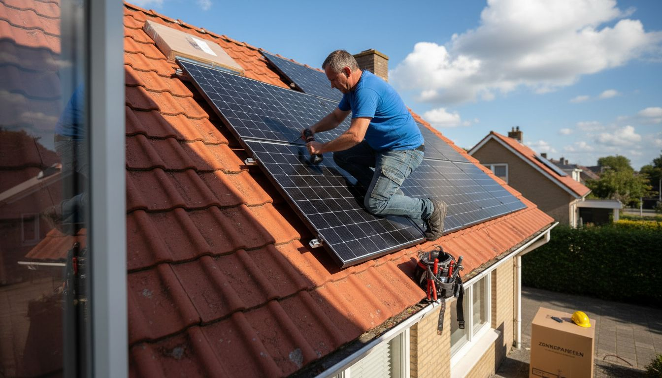 Een man is bezig met het plaatsen van zonnepanelen op een schuin dak.
