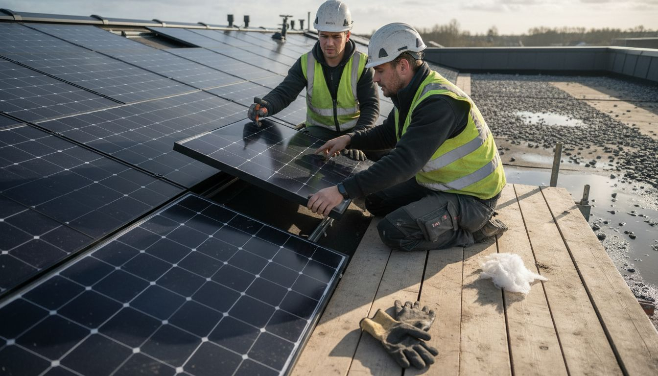 Vakmensen zijn bezig met het installeren van BIPV-panelen in het dak.