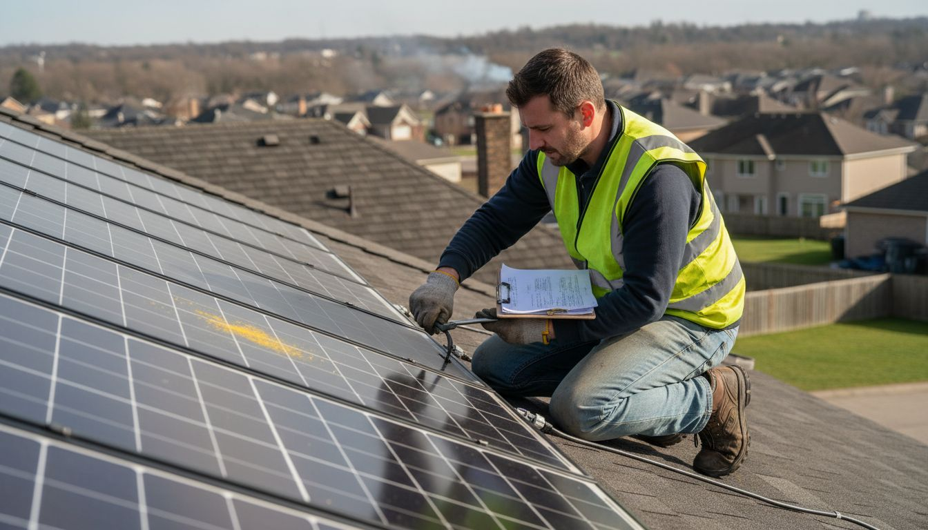 Technician inspecting solar panels on roof