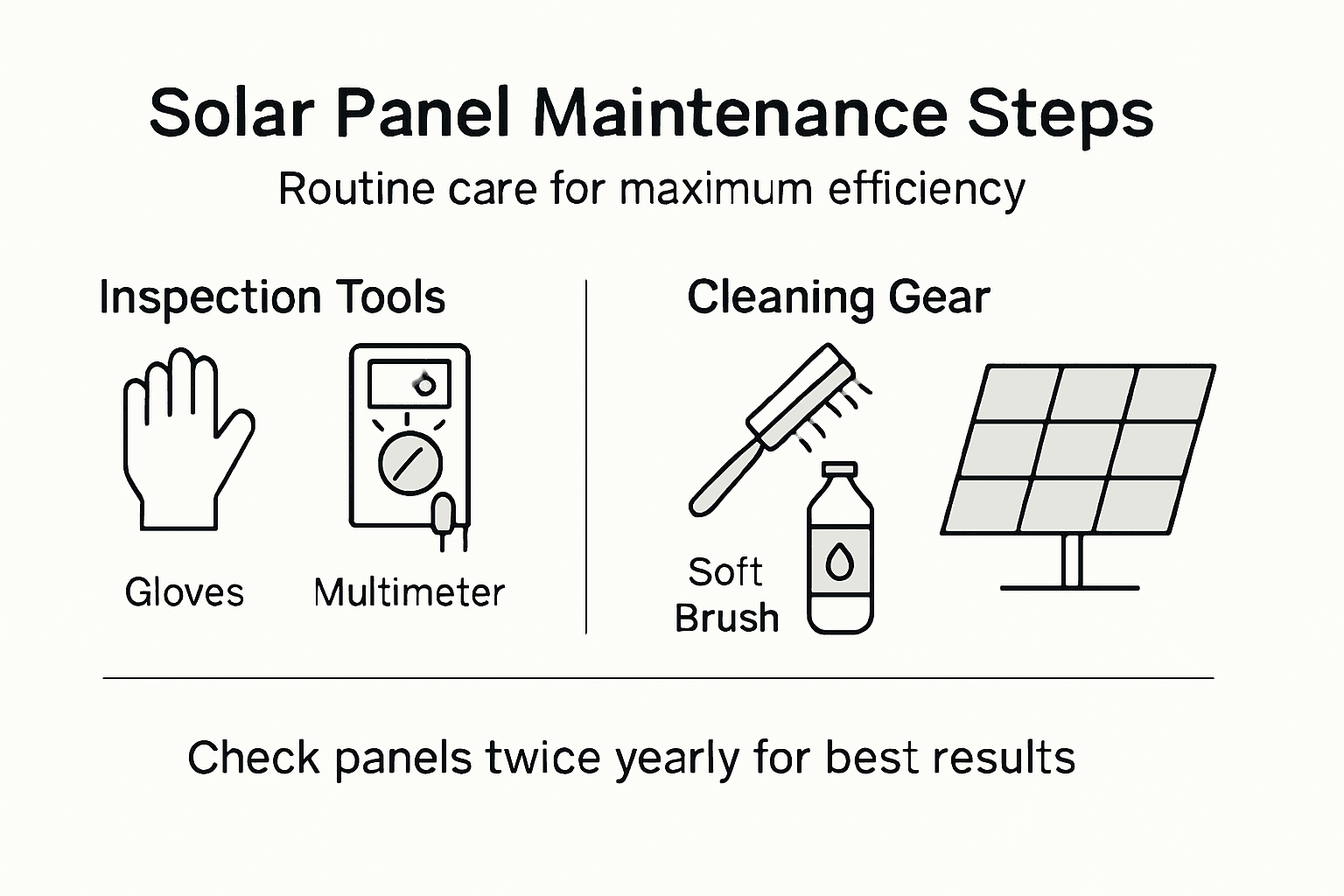 Infographic showing steps and gear for solar panel maintenance