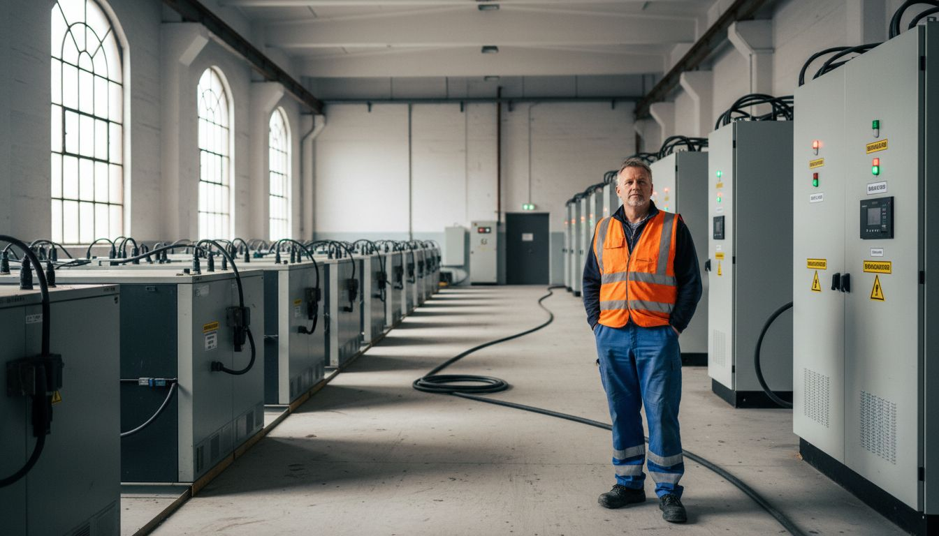 Industrieel opslagsysteem voor batterijen met een medewerker aan het werk